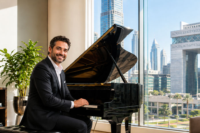 Arabic man sitting at the piano and smiling