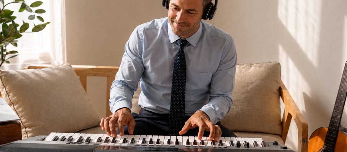 Busy professional practising piano at home in his work clothes