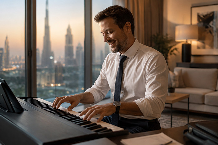 Busy professional practising piano at home in his work clothes