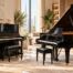 Upright and grand piano displayed side by side in a luxury Dubai home