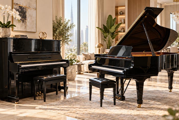 Upright and grand piano displayed side by side in a luxury Dubai home